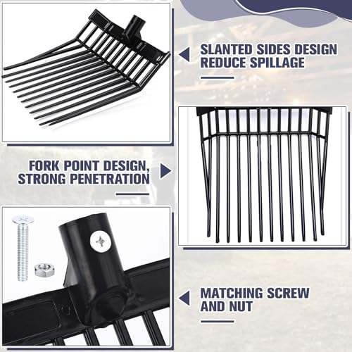 Lasnten 6 Pack Manure Fork Replacement Heads 12 Tines Heavy Duty Pitchfork Heads with Screws & Nuts Durable Horse Manure Rake for Picking up Grass Hay Animal Waste(Black) - color: Black