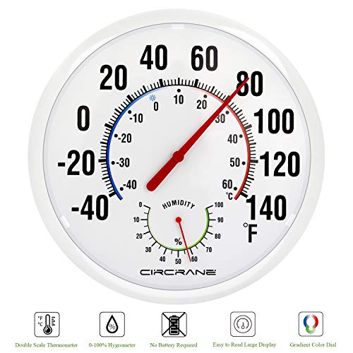 Circrane 13.25 Inch Round Thermometer with Hygrometer, Large Indoor Wall Patio Bimetal Weather Thermometer, No Battery Required, White - color: White