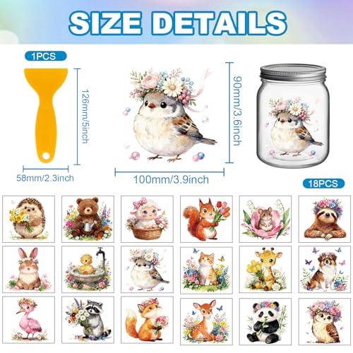 GLOBLELAND 18 Sheets Animals with Flower Crown Transfer Stickers 3.9x3.6inch Floral Wreath Animals UV DTF Cup Wraps Bear Rabbit Rub on Transfer for Crafts Cup Decal Vase Glass Art Decorations - style: Flower Animals