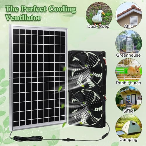 Glooglitter Solar Panel Fan Kit Solar Waterproof Exhaust Fans 15w Panel 2 Pcs High Speed Dc Brushless Fan for Attic Shed Barn Chicken Coop Greenhouse DIY Cooling Ventilation Project(1 Set)