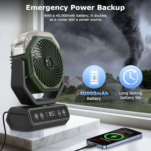 V JULES.V Portable Fan for Bedroom,40000mAh Rechargeable Desk Fan with Smart APP Remote Control,Misting Fan with RGB Lights,Timer,5 Speed Camping Fan for Travel,Tents,Beach,Office,Outdoor-Army Green