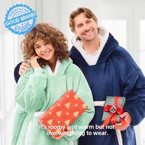 JOYWOO Green Oversized Wearable Blanket Hoodie, Cat lovers Long Hoodie Blanket for Adult,Birthday Gifts for Women Men Mom,Cozy Sherpa Hooded Blanket Giant Pocket Winter Gifts,Sage green Oversize - color: Light Green, size: Oversize