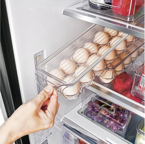 Egg Holder for Fridge with Lid, Egg Containerand for Refrigerator with Front Handle, BPA-Free Clear Plastic 14 Eggs Stackable Tray Storage for Refrigerator. (28 Eggs, Pack of 2)