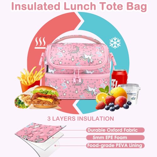 FlowFly Double Decker Cooler Insulated Lunch Bag Large Tote for Boys, Girls, Men, Women, With Adjustable Strap (Red-Unicorn) - color: Red-Unicorn