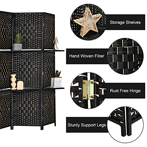 Giantex 6Ft 6 Panel Room Divider with Shelves, Freestanding Hand-Woven Rattan Folding Privacy Screens for Room Separation, Wooden Partition Room Divider Wall for Home Office Studio Separator - color: Black