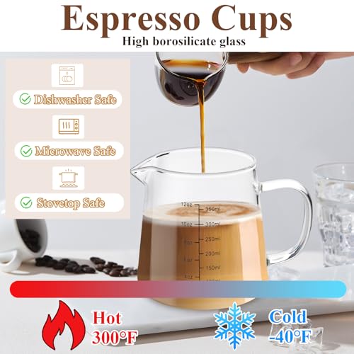 4 Pack 12oz Coffee Measuring Glass Cups, Heat Resistant Espresso Shot Pitcher Glass Cup, Microwave & Dishwasher Safe Milk Frothing Pitcher Creamer Container