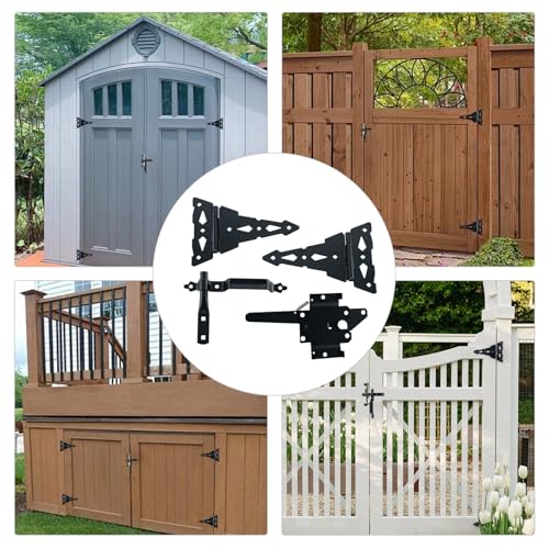 WellMade Heavy Duty Wood Gate Kit,8 Inch Decorative T Hinge and Spring Loaded Latch Gate Kit with Screws for Wooden Fence Shed Storage Gate Barns,Black Finish