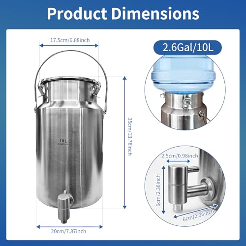 2.6 Gallon Water Dispenser,304 Stainless Steel Milk Can with Spigot,10L Water Jug,Airtight Food Storage Bucket,Leak-proof Liquid Storage Container with Tight Lid and Long Swivel Handle,Oil Pail