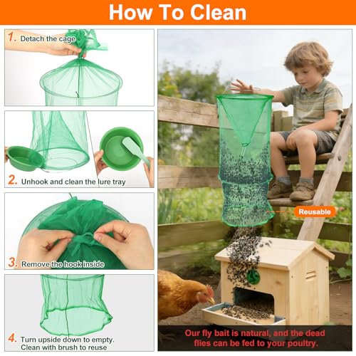 Reusable Outdoor Fly Trap Hanging Fly Catcher with Brush-8 Pack | Fly Cage Ranch Fly Traps with Bait Tray, Fly Control Killer Repellent Hunter Catcher for Barn Orchard Farm Horse Patio - size: 8 pack