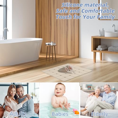 Shower Mat Non Slip 21"x21" Silicone Foldable Bath Mat with Suction Cups & Drain Holes, Odorless, Eco-Friendly & Durable, Machine Washable Shower Stall Mat for Adults, Seniors Beige - color: Beige