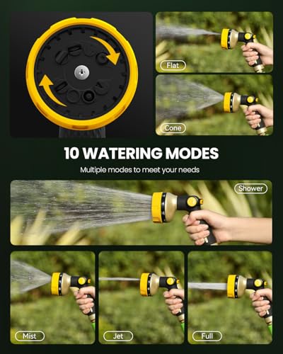 RAINPOINT Garden Hose Nozzle - 100% Heavy Duty Metal Thumb Control Spray Nozzles for Garden Hose High Pressure, 10 Pattern Water Hose Nozzle for Car Wash, Watering Lawn, Pets, Bright Yellow - color: Bright Yellow
