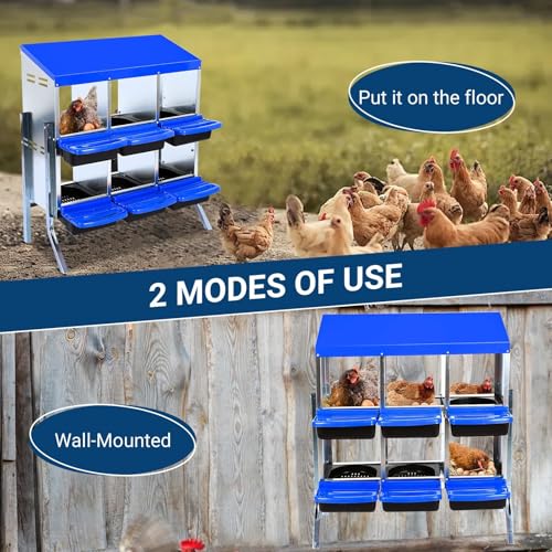 Chicken Nesting Boxes, 6 Hole Metal Chicken Laying Box with with Removable Trays and Roll Out Egg Collection for Chicken Coop, with Metal Bracket, Blue - color: Blue, size: 35.4"L x 17.5"W x 9.1"H