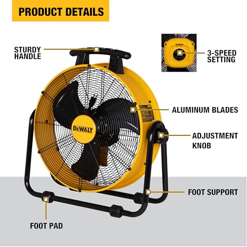 DEWALT 20 Inch Floor Fan, 180° Adjustable Tilting Drum Fan DXF2042 | 5000CFM 3-Speed High Velocity Fan Quick Cooling Portable Metal Industrial fan for Shop/Garage/Gym/Patio/Warehouse Yellow - style: DXF2042