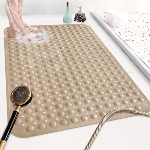 Shower Mat Non Slip: 35.4 x 23.6 Inch Extra Large TPE Shower Mats for Inside Shower - Anti Slip Shower Stall Matt with Drain Hole and Suction Cups for Elderly - color: Khaki, size: 35.4" x 23.6" (Rectangular)