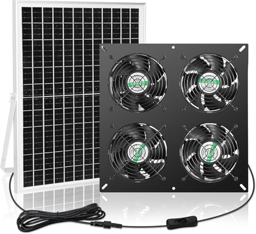 blessny Weatherproofed Solar 4 Fan Kit for Outside Intake or Exhaust air | 25W Solar Powered, 14.7 Ft Long Cord with IP65 Weatherproof Rate for Greenhouse, Chicken Coop & Shed Air Circulation - size: 4 Fan Kit