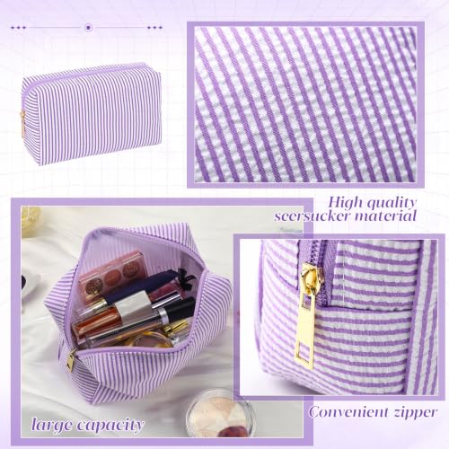 Sanwuta 20 Pcs Seersucker Cosmetic Bags Bulk, Striped Zippered,Purple | Makeup Bags Women Pouch, Large Preppy Storage Toiletry Travel Pouch for Wedding Bridesmaid Bride Favor Back to Teacher Gift - color: Purple