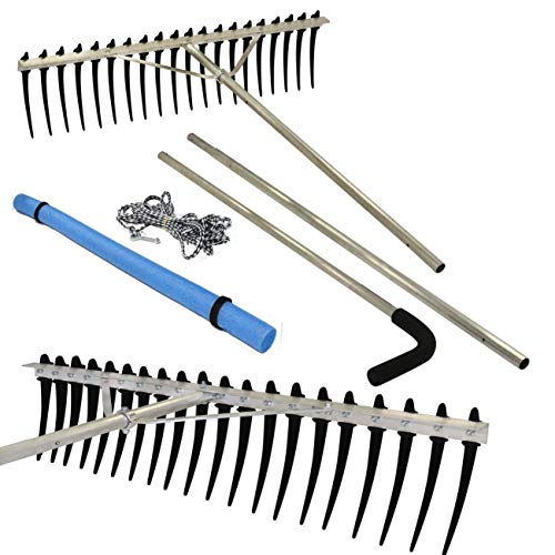 Rake Zilla | Extra-Large Heavy-Duty Lake and Pond Aquatic Weed Rake – 40" Wide Head with 9" Tines | Includes Detachable Float Kit & 25 ft Rope for Scooping, Skimming, and Easy Cleanup in Lakes & Ponds - size: 11 ft handle