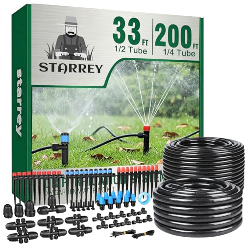 Drip Irrigation System for Garden, 2026-Upgraded Quick Connect Garden Watering Kit All-in-One with 1/2 inch 1/4 inch Irrigation Tubing for Garden, Lawn, Greenhouse, Raised Beds (233FT) - size: 233FT