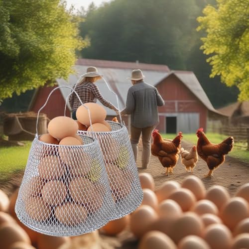 Collapsible Round Egg Basket - Metal Wire Storage with Handles, Perfect for Hanging & Family Farm Gathering - Golden Basket for Chicken Farm, Holds 20-25 eggs