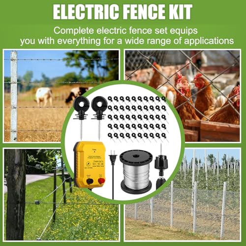Electric Fence Charger Kit 10 Mile 0.5J 50 Insulators 250ft Wire | 110V Energizer for Poultry Pets Garden Protection, Aluminum Wire Socket Tool Black Insulators, Easy Farm Yard Setup - style: 0.5 Joule