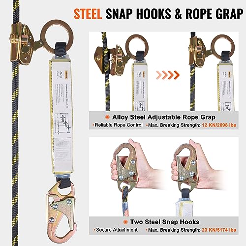 VEVOR Vertical Lifeline Assembly, 0.55'' x 25' Fall Protection Rope with 30 KN Breaking Tension, Polyester Roofing Rope with Steel Snap Hooks, Rope Grab, and Shock Absorber, ANSI Compliant - size: 25FT