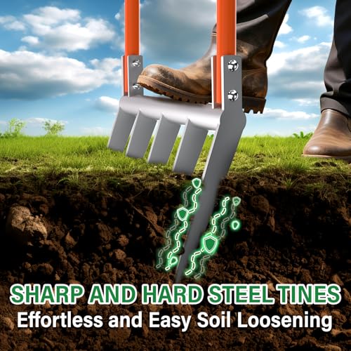Broadfork 5-Tine Broad Fork for Gardening Ergonomic U-Shaped Design | Heavy Duty Broadfork Tool for Gardening Cultivating Farm Garden Digging Crushing Aerate Soil (Patent Pending)