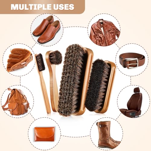 4 Pcs Horsehair Shine Shoes Brush Kit Polish Dauber Applicators Cleaning Leather Shoes Boots Care Brushes Suede Cleaner Brush with Microfiber Shoe Cloth(Wooden Style A) - style: Wooden Style A