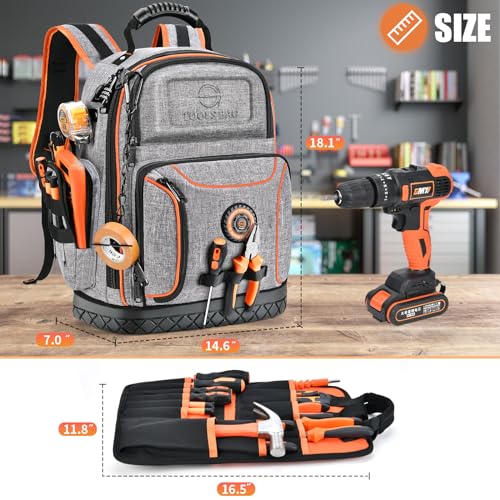 LOKASS 18.1-inch Heavy-Duty Tool Backpack, 75 Pockets, Gray | 110 lbs Load Tested, 1680D Tear-Resistant Fabric, Removable Tool Panel, Combination Lock, Electricians, HVAC Pros - color: Grey