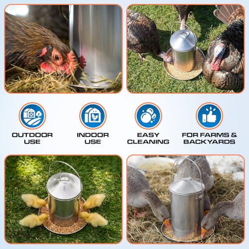 Plexon 6.6 Lb Hanging Chicken Feeder Metal Chicken Feeder with Handle no Waste Food - Stainless Steel - Turkey Duck Poultry Feeder - Heavy Duty Feeding Equipment - Backyard Coop - Small - size: 6.6 LB