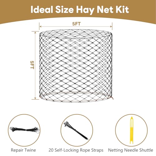 5×5 FT Round Bale Hay Net for Horses & Goats, Heavy Duty Knotless Slow Feed Hay Nets, 1.75" Mesh, Weather Resistant Round Bale Net with Repair Kit for Pasture and Barn - size: 5*5FT