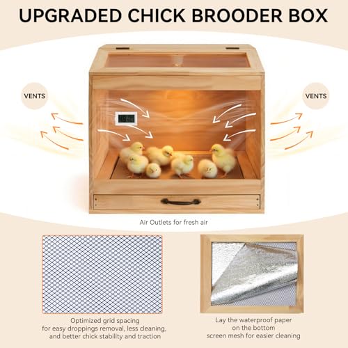 Brooder Box for Chicks, Wooden Chicken Brooder with Heat Lamp | Thermometer included, Clear acrylic panels, Slide-out mesh drawer, 5 disposable liners, Cleaning tools, Easy assembly