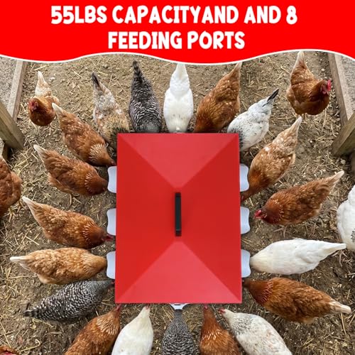 55LB Automatic Chicken Feeder Large with 8 No-Waste Ports | Large Poultry Feeder, Adjustable Legs, Viewing Window, Rainproof Lid, Locking Cover for Chickens, Ducks and Poultry