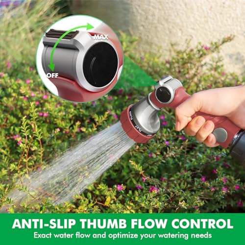 RESTMO Heavy Duty Hose Nozzle, Metal Garden Water Hose Sprayer | 7 Watering Patterns, Thumb Control, On Off Valve, Leak Proof Nozzle Sprayer for Watering Plants, Car & Pet Washing, Red - color: Red