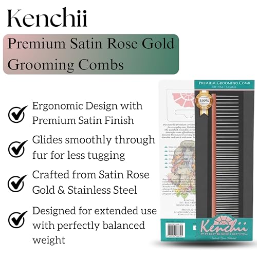Kenchii Premium Satin Rose Gold Dog Grooming Comb, Small | Polished rounded scratch-resistant teeth, detangles coats and removes mats, finishing and fluffing - size: Small