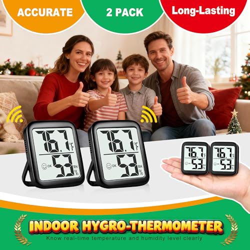Antonki 2 Pack Room Thermometer Indoor Hygrometer | Monitor Temperature & Humidity, Accurate, Fast Read, Easy To View, Magnetic/Kickstand/Hanging, ℉/℃, w/ Battery, Compact - color: 2 Pcs * Classic Black ( 97%+ Choice )