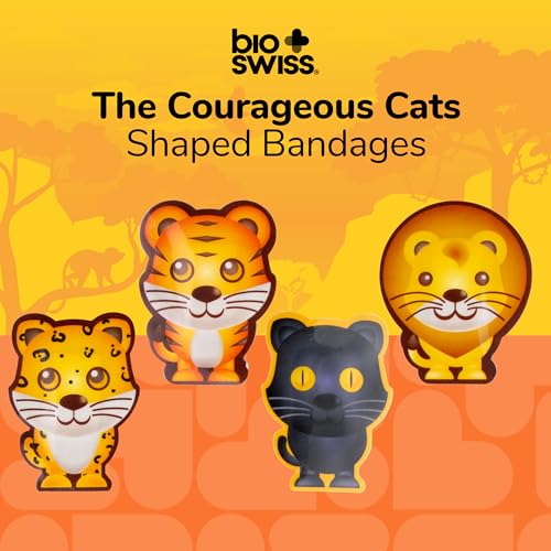 BioSwiss Bandages, Courageous Cats Shaped Self Adhesive Bandage Set, Latex Free, Sterile Wound Care, 50 Count - size: 50-Count Case, style: Jungle Cats