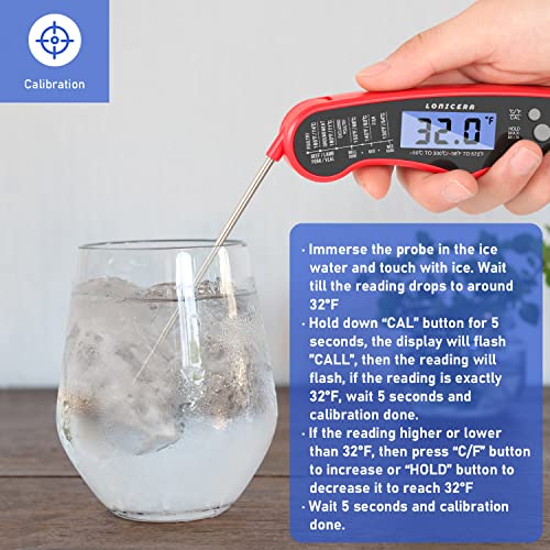 LONICERA Digital Meat Thermometer, Instant Read, Foldable Probe, Red | IP66 waterproof design, backlit display, calibration function, for meat, baking and grilling