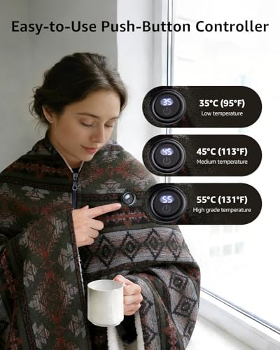 Heated Wearable Blanket, Faux Cashmere Electric Throw with 3 Heating Levels, USB-C Powered, Southwestern Pattern, 40x65 Inches (Brown(Thick)) - color: Brown(thick)
