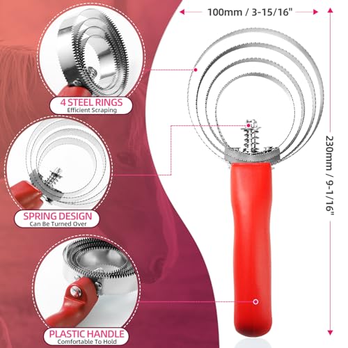 Double Sided Stainless Steel Curry Comb With Soft Grip, Shedding & Grooming Tool For Dogs, Cattle & Horses (Red) - color: Red