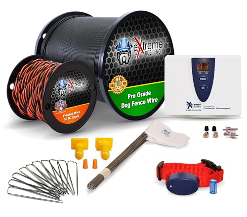 Underground Electric Dog Fence Kit, Pro Grade, 1-Dog, 1000 ft | Complete DIY system: digital transmitter, waterproof receiver(s), boundary + twisted wire, training flags, splices, staples - size: 1000 ft