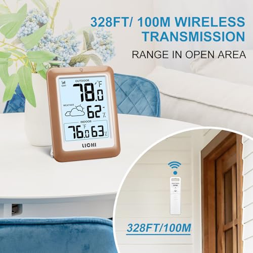 Indoor Outdoor Thermometer Wireless Weather Station, Internal External Thermometer Hygrometer, Home Batteryoperated Temperature Humiditymonitors330 Feet (About 100 Meters) Backlight Display (Khaki) - color: khaki