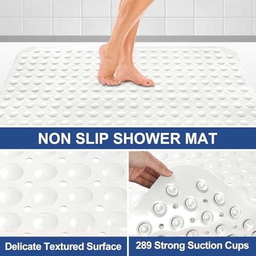 Square Shower Mat Non Slip: 32" x 32" Large Shower Mats for Inside Shower - Soft TPE Cuttable Anti Slip Shower Floor Mat with Drain Holes and Suction Cups - color: White
