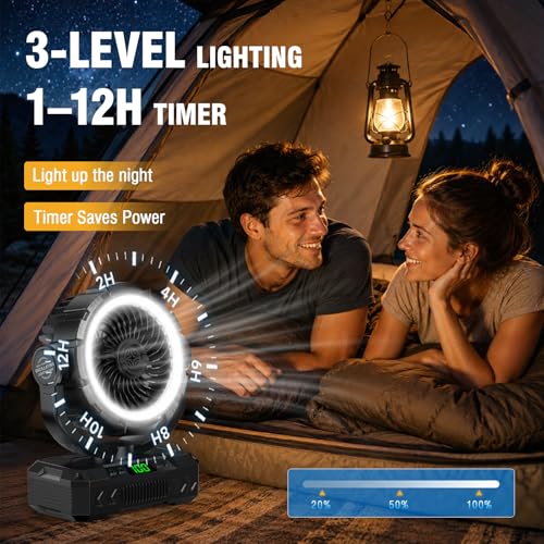 Rechargeable Solar Powered Camping Fan & Auto Oscillating, 【60H Runtime】Battery Powered Fan, Portable Outdoor Fan,5 Speeds,3 Lights,12H Timer for Travel, Fishing,Jobsite,Beach,Camping Essential - color: Black