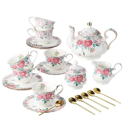 15 Piece British Bone China Tea Cup Sets, Elegant red Rose Pattern, Cups and Saucers Service for 4, with Teapot Sugar Bowl Cream Pitcher Teaspoons for Tea/Coffee, Gifts Set for Adults. - color: White and Red