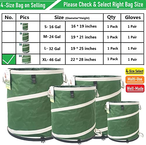 46-Gallon Collapsible Trash Can (22x28 in) Hard-Shell Bottom Yard Garden Bag,Big Leaf Bag,Yard Waste Bags,Debris Container,Pop-Up Recycling Bin,RV Camping Waste Bin,Laundry Hamper,Lawn Grass,Weeds Bag - style: 46 Gallon Bag with Gardening Gloves