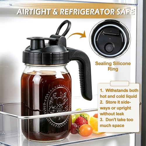 Glass Pitcher With Pour Spout Lid 32 Oz Mason Jar Breast Milk Storage For Fridge 1 Quart Airtight Leak-Proof Heavy Duty Water Jug With Flip Cap For Cold Brew Coffee Iced Tea Sun Tea Juices Beverages - size: 32 Ounces