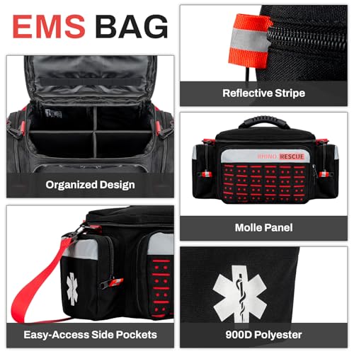 RHINO RESCUE First Responder First Aid Kit Fully-Stocked EMT Bag(Black,20L) | Professional EMT/EMS Trauma Medical Kit, Molle System & Reflective Stripe, 300+ First Aid Supplies, Suits for Business, Home - color: Black