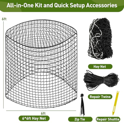 Round Bale Hay Net for Horses, Durable Knotless Nylon Slow Feeder,6x6 ft, Reduces Hay Waste, Ideal for Outdoor Use, Promotes Healthy Digestion (6 * 6FT) - size: 6*6FT