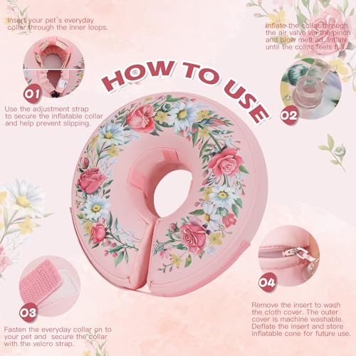 IEUUMLER Inflatable Recovery Dog Cone Collar, Neck Donut Protective ECollar, Adjustable Soft Collar for Dog and Cat After Surgery Prevent from Biting & Licking EU020 Floral Wreath L - color: Floral Wreath, size: Large (Neck:14''-17'')