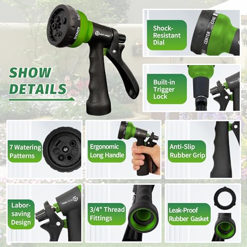 AUTOMAN-Garden-Hose-Nozzle, 2 Pack ABS Water Spray Nozzle with Heavy Duty 7 Adjustable Watering Patterns,Slip Resistant for Watering Plants,Lawn& Garden,Washing Cars,Cleaning,Showering Pets - Green - color: Green